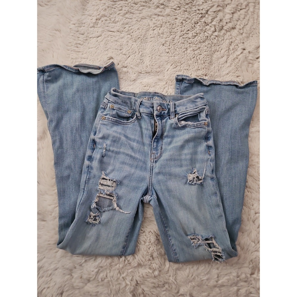 American Eagle Distressed Flare Jeans 0 Regular Daisy Patch Blue